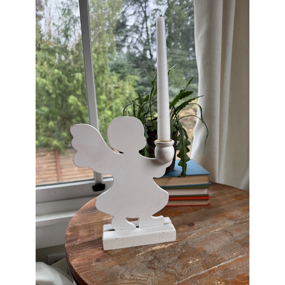 Vintage White Wooden Angel Taper Candle Holder Folk Art Christmas Decor 8.5 Inch